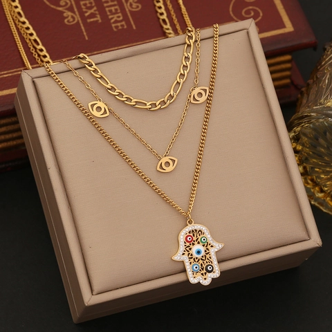 Collar Multicapa De Acero Inoxidable Con Colgantes Mano De Hamsa Y Ojo Turco Joyería Estrás Color Dorado