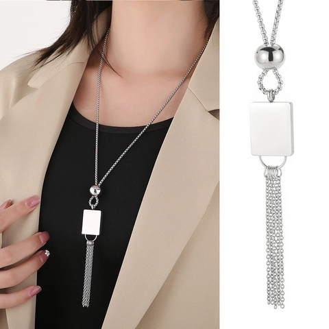 Long Tassel Pendant Necklace 18K Gold Plated Stainless Steel Square Tag Adjustable Sweater Chain Women Jewelry