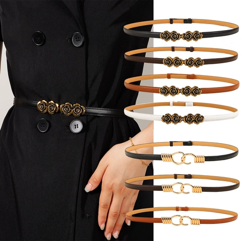 Damen Schmal PU-Leder Gürtel Verstellbar Vintage Rosenblume Geometrisch Metallschnalle Dekorativer Kleid Hüftgürtel Accessoire