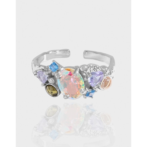 Vintage 925 Sterling Silver Adjustable Open Ring For Women Multi Color Zirconia Artificial Opal Textured Band Niche Design Jewelry Finger Ring