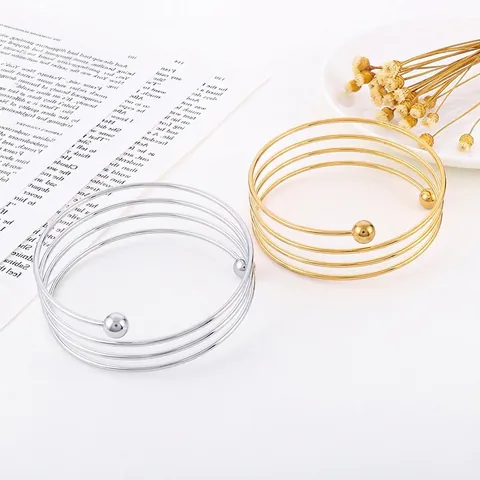 Stainless Steel Multi Layer Spiral Open Cuff Bangle For Women Minimalist Fashion Spring Wire Bracelet With Ball Ends