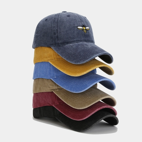 Baseball Cap Washed Cotton Vintage Bee Embroidery Adjustable Sun Protection Retro Dad Hat Unisex Casual