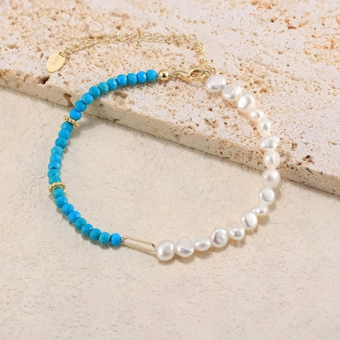 Bracciale in Argento Sterling 925 Con Perle d'Acqua Dolce e Turchese Elegante Placcato Oro K Geometrico Pietra Naturale Donna