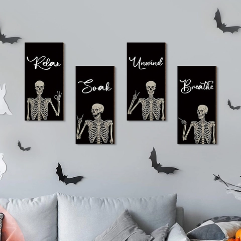 4Pcs Halloween Skeleton Wooden Wall Decor Relax Soak Unwind Breathe Gothic Vertical Hanging Sign For Bathroom Home Wall Art