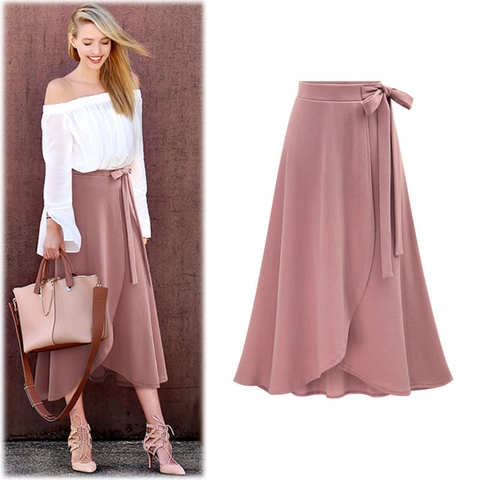 Women High Waist Irregular Wrap Midi Skirt Casual Solid Side Tie A-Line Split Plus Size Knitted Long Skirt Streetwear