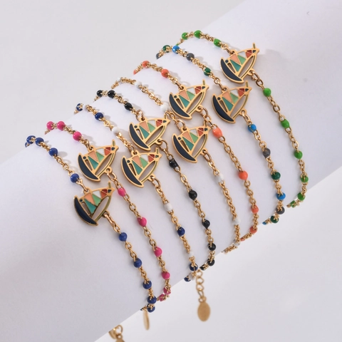 Stainless Steel Sailboat Pendant Bracelet For Women Beach Vacation Gold Plated Enamel Beads Adjustable Hand Chain Jewelry