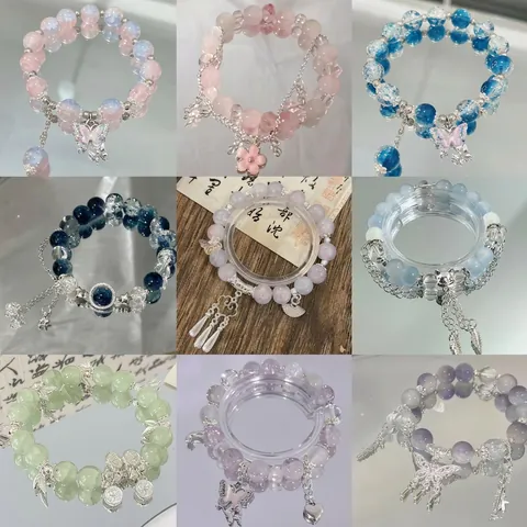 Vintage Beaded Bracelet For Women With Crystal Glass Cat Eye Stone Alloy Butterfly Charm Tassel Elegant Accessory