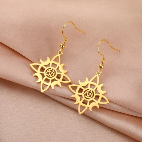Edelstahl Hexenknoten Mond Anhänger Ohrringe Keltische Triquetra Ausschnitt Sonne Stern Hängeohrringe Boho Mode Schmuck Damen