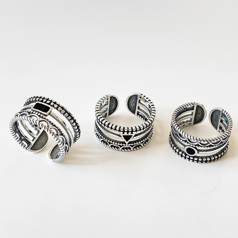 925 Sterling Silver Vintage Ring Geometric Triangle Rectangle Circle Black Resin Retro Open Adjustable Jewelry For Women