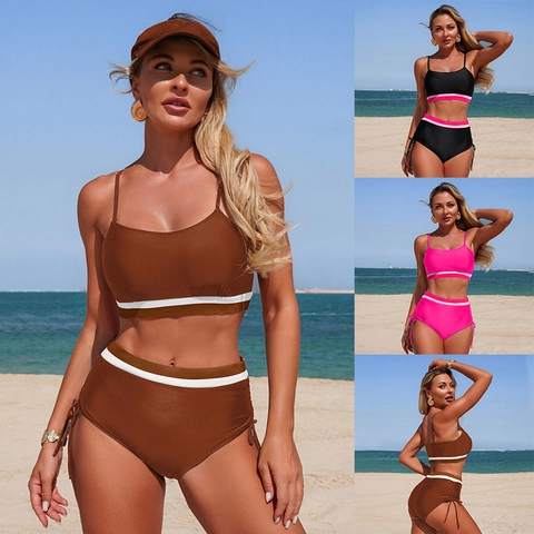 Women Sporty Bikini High Waisted Swimwear Polyamide Quick Dry Contrast Striped Top And Side Drawstring Bottoms Bathing Suit