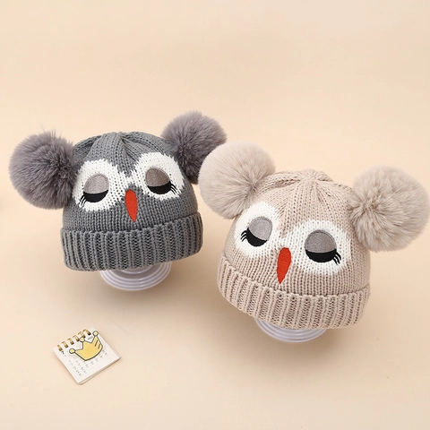 Kinder Winter Strickmütze Beanie Kunstpelz Bommeln Eule Stickerei Warm Winddicht Acryl Für Kleinkinder Jungen Mädchen