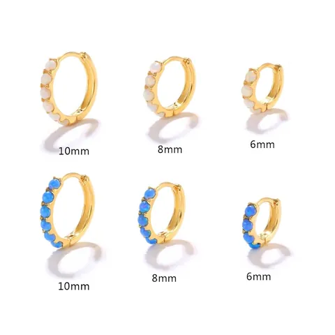 Round Opal Hoop Earrings With 925 Sterling Silver Earring Post Gold Plated Sparkly Cubic Zirconia Huggies Jewelry For Women