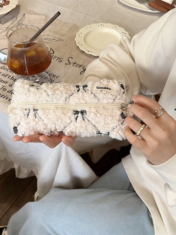 Plush Lamb Wool Makeup Bag Bowknot Embroidery Cosmetic Pouch Large Capacity Zipper Storage Case Travel Toiletries Organizer Women
