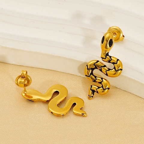 Snake Stud Earrings 18K Gold Plated Stainless Steel Serpent Jewelry With Black Enamel Pattern For Women Fashion