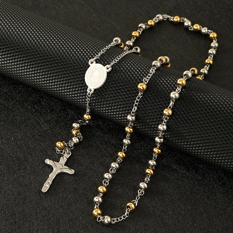 Rosary Necklace Stainless Steel Gold St Benedict Medal And Crucifix Cross Pendant Religious Prayer Jewelry For Unisex