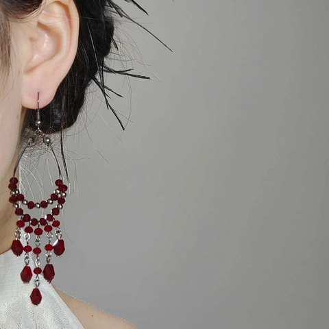 Wine Red Faceted Glass Bead Tassel Earrings Gun Black Alloy Teardrop Dangle Retro Bohemian Elegant Style For Women