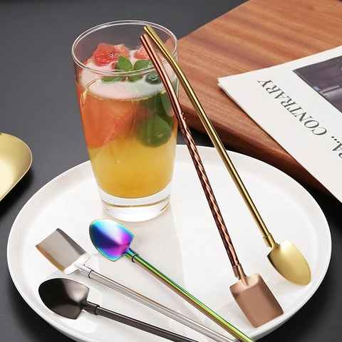 Cuillère Paille En Acier Inoxydable 304 2-En-1 Forme De Pelle Créative Manche Long Réutilisable Pour Café Dessert