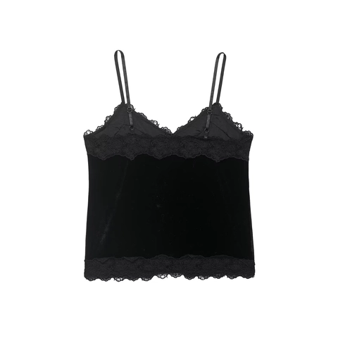 Samt Spitze Patchwork Camisole V-Ausschnitt Spaghettiträger Knopf Vorne Schlanke Passform Cropped Tank Top Für Damen Sexy