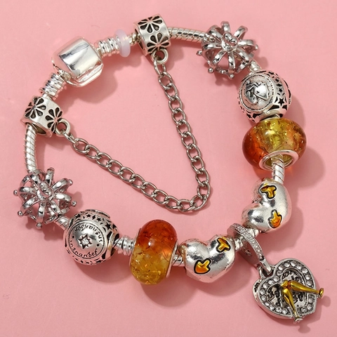 Zodiac Charm Bracelet Aquarius Silver Plated Copper Snake Chain With Rhinestone Heart Crown Beads DIY Fashion Jewelry For Women Gift