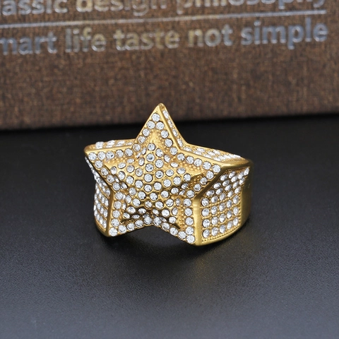 Men Stainless Steel Ring With Cubic Zirconia Full Pave Star Shape Wide Band Hip Hop Luxury Jewelry Gift