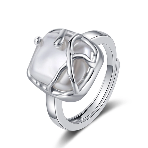 Fashionable Copper Ring With Square Imitation Artificial Baroque Pearl Hollow Branch Design Adjustable Open Jewelry For Women