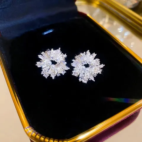 Pendientes De Flor Y Copo De Neve Con Circonita Y Perla Artificial Y Poste De Plata De Ley 925 Accesorio Elegante Para Mujeres