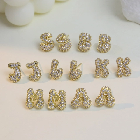 Orecchini a Bottone con Lettere dell'Alfabeto in Rame Placcato Oro 18K Simpatici Orecchini con Iniziali in Zirconia a Bolla per Gioielli da Donna