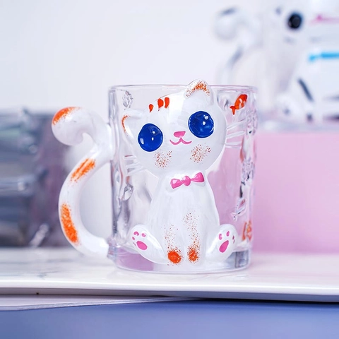 Tazza In Vetro Gatto Coniglio Cartone Animato 3D Statuina Animale Manico Coda Motivo Rilievo Resistente Calore Tazza Caffè Latte Kawaii