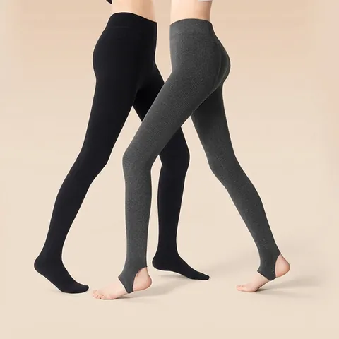 Women Ribbed Cotton Leggings Fleece Lined Thermal High Waist Slimming Tights Elastic Thickened Winter Warm Bottoms
