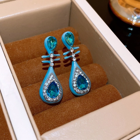 Orecchini A Goccia D'acqua Pipa Stile Cinese Vintage Per Donna Con Perno In Argento Lega Rhinestone Smalto Blu