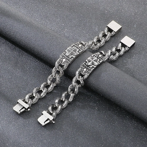 Pulsera De Cadena De Eslabones Para Hombre Acero Inoxidable 316L Patrón De Relieve De Cruz Gótica Vintage