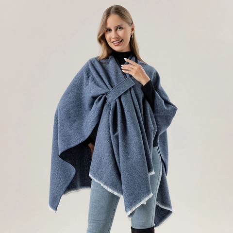 Damen Strick Poncho Schal Mit Quasten Vorne Binden Einfarbig Polyester Mode Eleganter Wickel Umhang Für Den Alltag Party