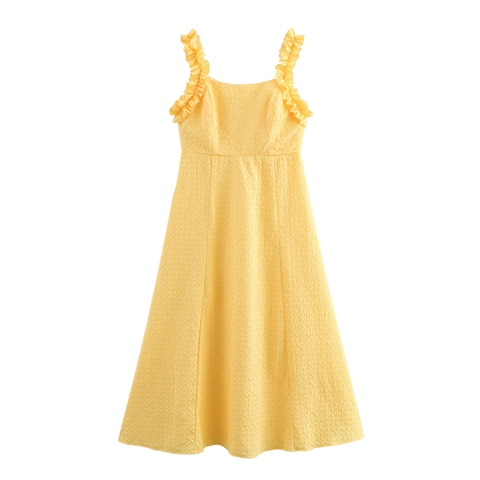 Gelbes Maxi Kleid Mit Rüschen Camisole Für Damen Sommer Strukturierte Prägung Hohe Taille Ärmellose Lange Robe Süß