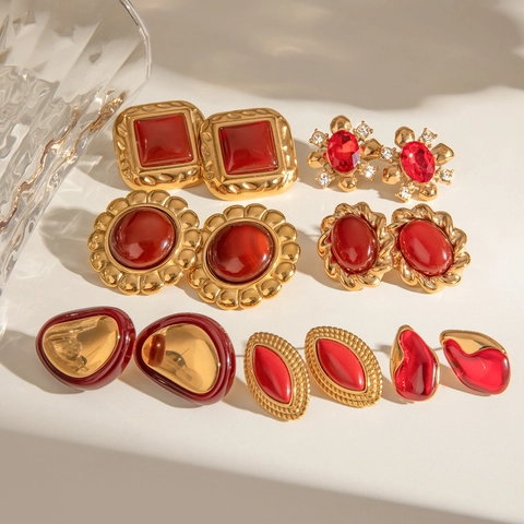 Vintage Geometric Stud Earrings Stainless Steel Red Resin Waterproof Hypoallergenic Retro Elegant For Women