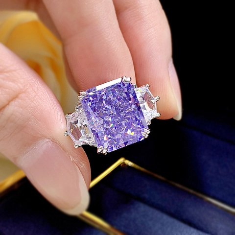 925 Sterling Silver Radiant Cut Rectangle Purple Yellow Rhinestone Ring For Women Vintage Elegant Party Jewelry Flower Ring