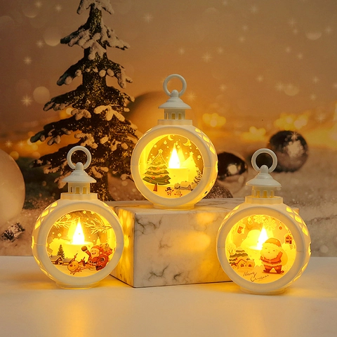Weihnachten LED Laterne Tragbare Runde Licht Hängende Festliche Dekor Kunststoff Glas Warmes Glühen Vintage Stil Schreibtisch