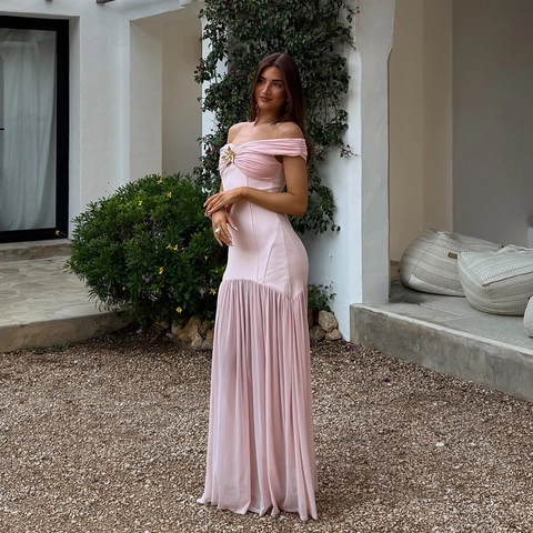 Abito Lungo Spalle Scoperte Donna Elegante In Mesh Splicing Pieghettato Sera Party Gown Con Spilla Dorata Schiena Scoperta Slim Fit