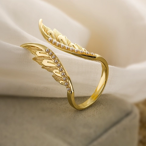 Angel Wing Ring Copper Gold Plated Pear Cut Zircon Adjustable Open Design Geometric Exaggerated Hand Jewelry For Women
