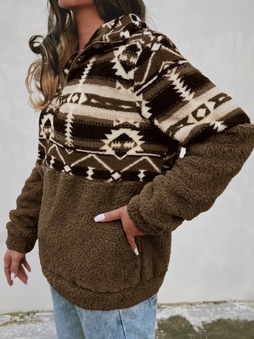 Felpa In Pile Sherpa Da Donna Con Mezza Zip Collo Alto Manica Lunga Stampa Azteca Geometrica Caldo Maglione Invernale