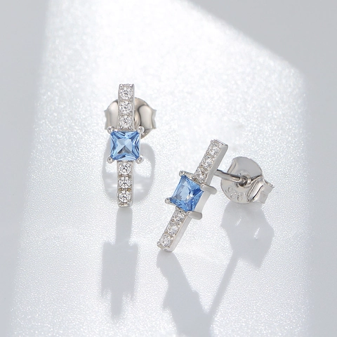 Orecchini a Bottone in Argento Sterling 925 Quadrato Geometrico Zirconia Blu per Donna Placcato Oro Gioielli di Moda Minimalista