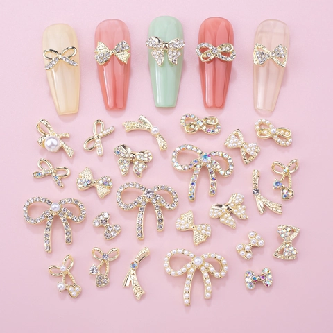 Alloy Bowknot Nail Art Decorations With Rhinestone And Faux Artificial Pearl For DIY Manicure Accessories Luxury Sweet Style