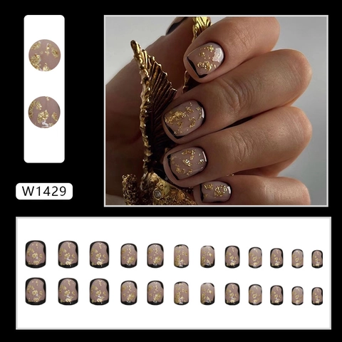 Square Press On Nails Vintage Gold Foil Black French Tip Short Elegant Artificial Nails For Women