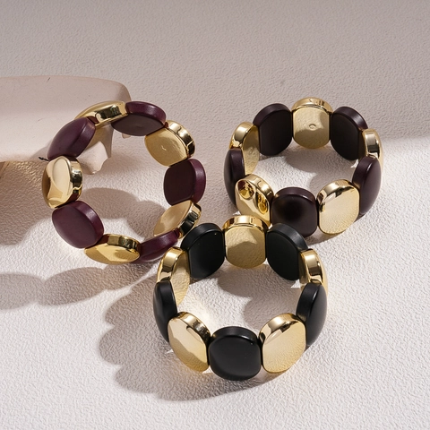 Pulsera Elástica De Cuentas Ovaladas De Acrílico Y Aleación Brazalete Geométrico Retro Para Mujeres