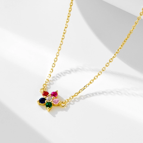 Colorful Zircon Flower Pendant Necklace 925 Sterling Silver Clavicle Chain Sweet Elegant Fashion Jewelry For Women