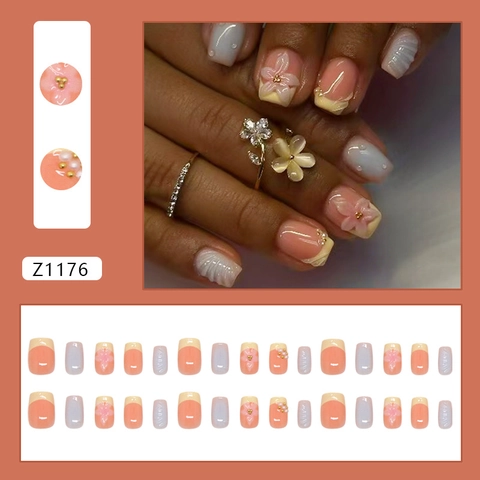 Ongles Press On Fleur 3D Dégradé Français Faux Ongles Avec Künstliche Perles Künstliche Perles Dorées Résine ABS Pour Femmes