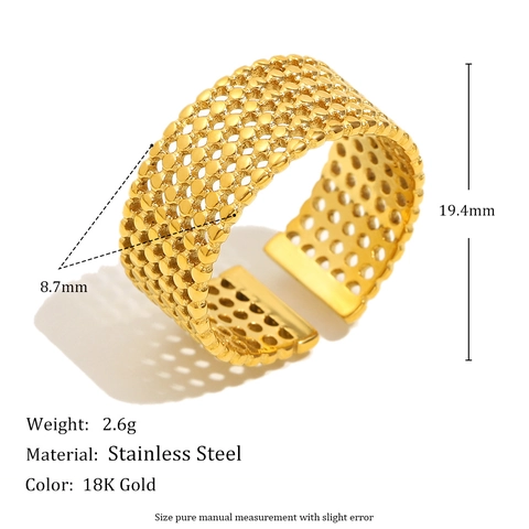 Mesh Hollow Open Ring 18K Gold Plated Stainless Steel Wide Band Honeycomb Adjustable Vintage Fashion Jewelry For Women