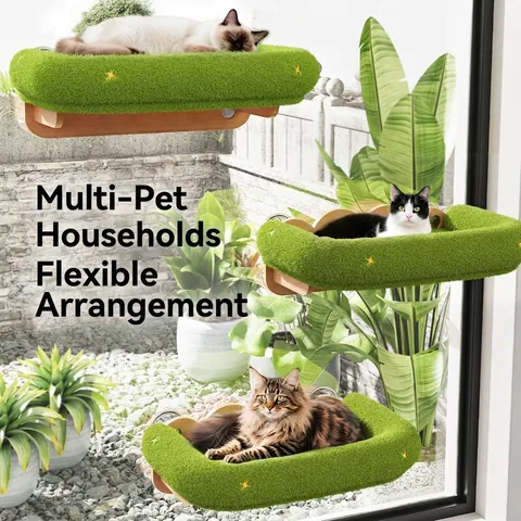 Cat Window Perch Solid Rubber Wood Hammock Strong Suction Cup Space Saving Plush Grass Bed Shelf For Indoor Cats