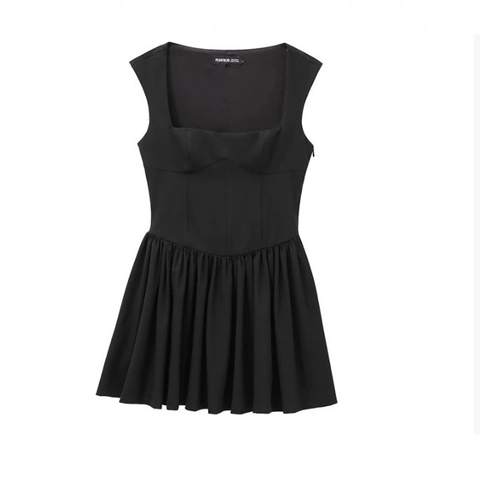 Square Neck Sleeveless Mini Dress Pleated Flare Skirt Solid Black Polyester Elegant Retro Bodycon Bodice Side Zipper