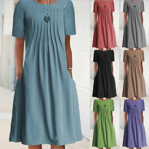 Women's Casual Solid Color Round Neck Short Sleeve Pleated Midi Dress With Pockets Polyester Summer Pullover Straight Dress