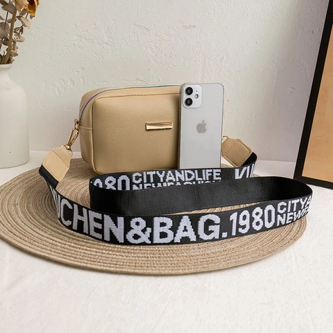 Women PU Leather Crossbody Bag Small Square Camera Bag With Wide Letter Print Strap Gold Hardware Zipper Fashion